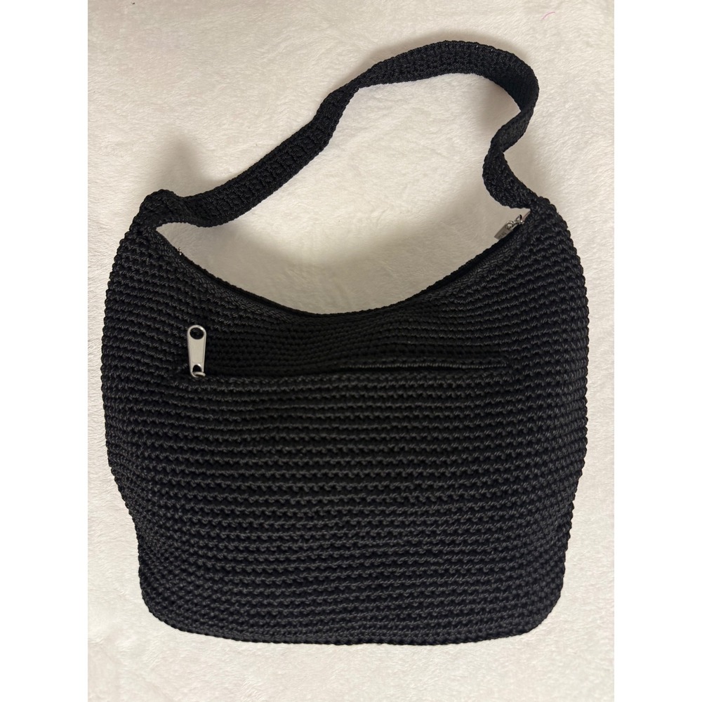 The Sak Black Crochet Hobo Shoulder Bag Zip Top Silver Logo Charm Vintage Style